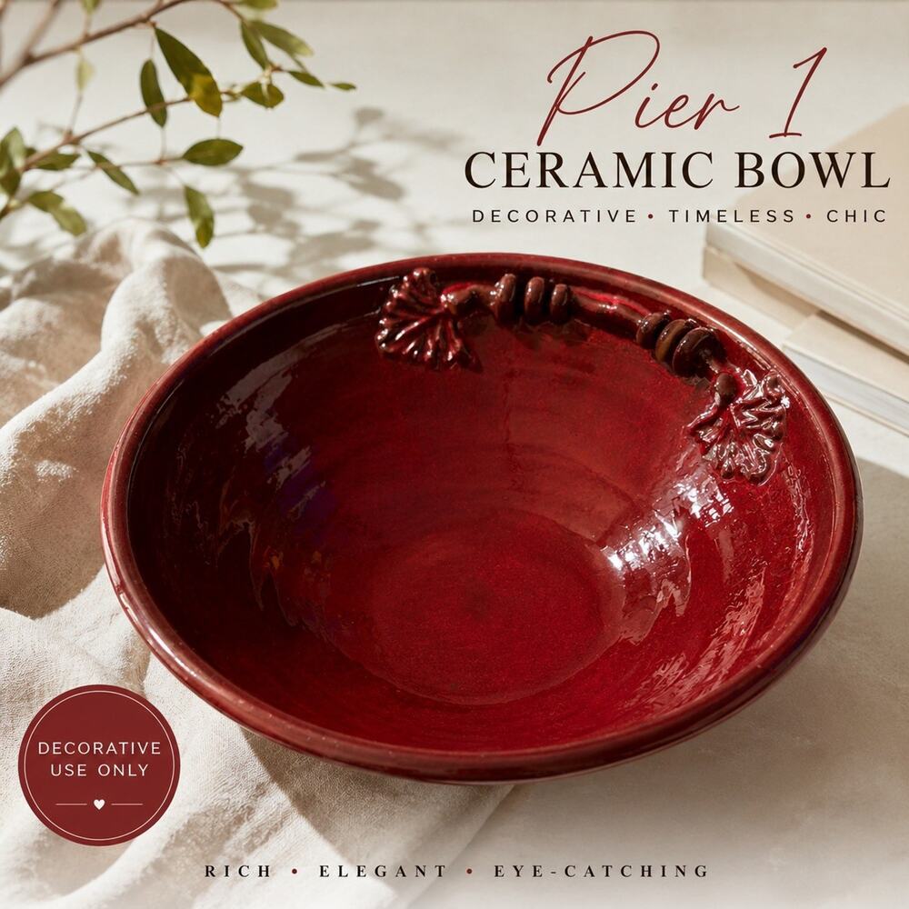 Pier 1 Red Glossy Ceramic Decorative Bowl, Leaf Pattern, Round